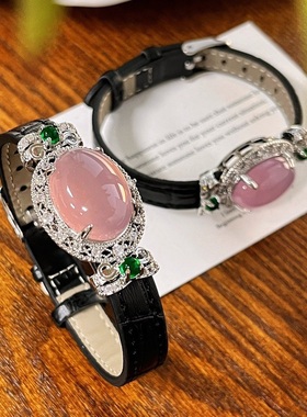 国风复古粉紫色玻璃体天然玉髓玛瑙手镯手链