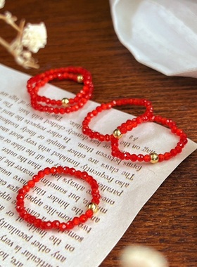 复古国风鸽血红色切面人造猫眼石戒指