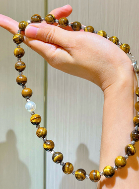 10mm美拉德天然精品虎眼石仿澳白珍珠水晶锁骨链项链保真可复检