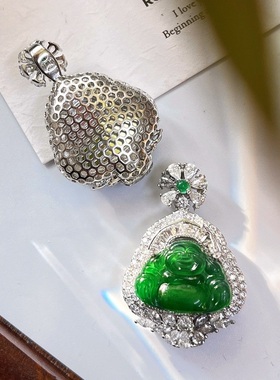 国风复古天然高冰起光天然帝王绿翡翠佛公吊坠 支持复检
