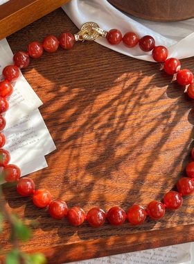 12mm大颗粒天然红玛瑙手工串珠项链女小众锁骨链颈链颗颗打结