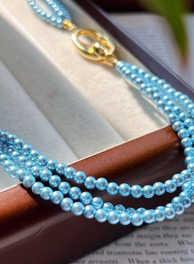 国风复古多层设计感人造水晶珍珠蓝色妖姬锁骨链项链