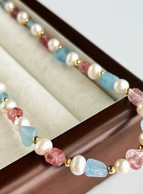 秋冬法式ins糖果色系天然淡水珍珠草莓晶海蓝宝石项链锁骨链