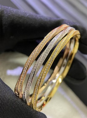 格家拉芙925银CNC菱格波浪手镯满钻光面交叉轻奢百搭简约时尚手饰