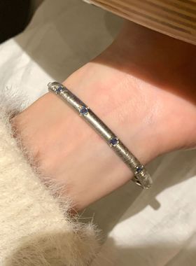 S925纯银拉丝蓝宝石手镯女款中古风高级感小众设计手镯小红书爆款
