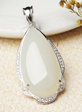 大气纯银水滴玉石项坠 带证书简约新中式925银镶嵌和田玉吊坠挂件