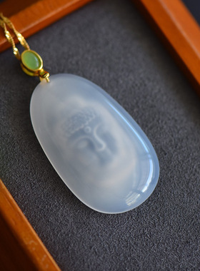 带证书古风925银镀金色碧玉扣冰种白玉髓佛头玛瑙吊坠挂件项链女