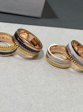 宝家CNC精工S925银厚镀V金镶钻时来运转戒指黑圈白圈情侣转动戒指