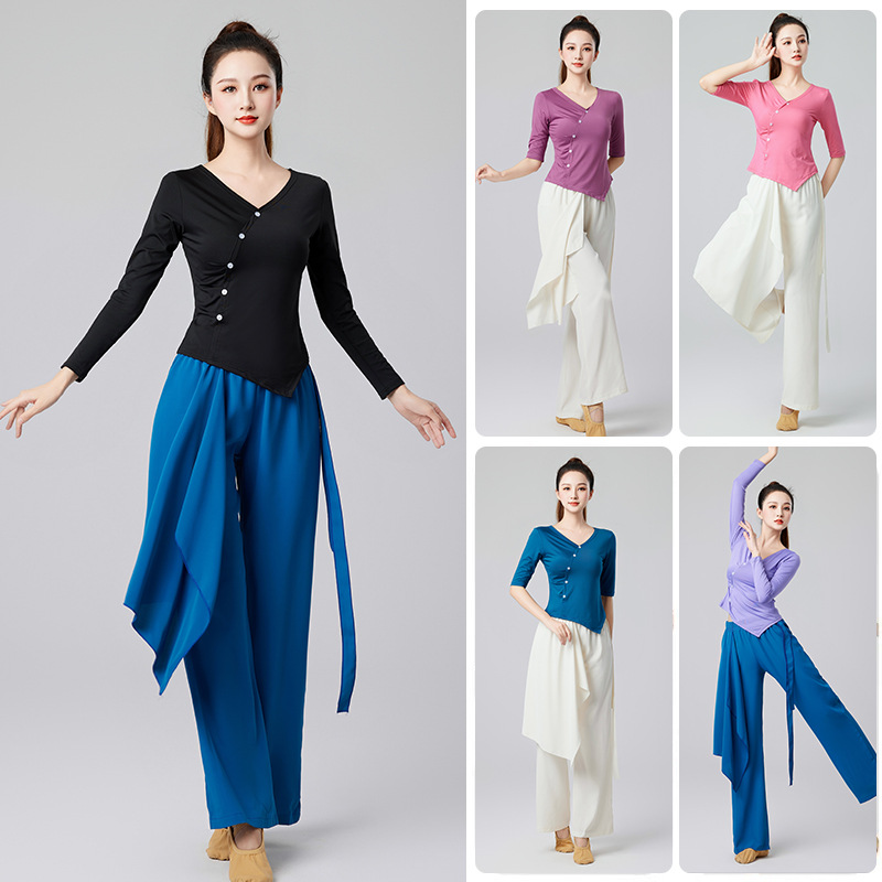 形体舞蹈练功服女成人上衣中袖修身显瘦v领现代中国古典舞训练服 - 图2