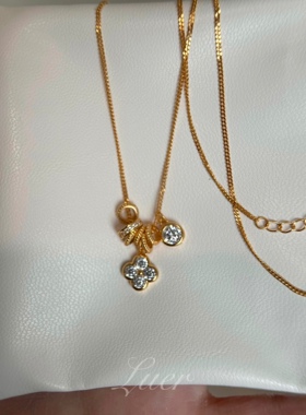 新中式轻奢!盘缠幸运四叶花!通体纯银镀厚金闪钻路路通锁骨链项链