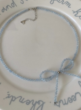 #chic芭蕾风#奶蓝色蝴蝶结~天然海蓝宝 通体纯银法式精致项链耳钉