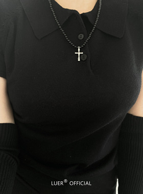 鹿尔天然黑玛瑙十字架纯银毛衣链