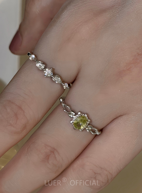 #秘密森林#橄榄浅黄绿进口锆石通体纯银不褪色镶钻开口戒指银饰女
