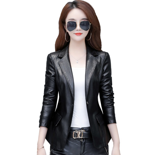 韩版皮夹克外套新款西装领海宁水洗皮女士修身显瘦小个子春秋皮衣