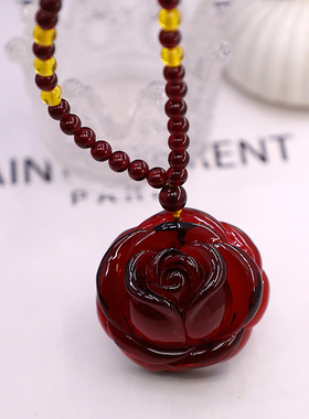 仿血珀蜜蜡牡丹花朵长项链毛衣链