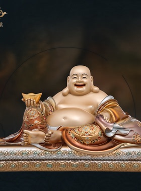 黄铜拿元宝笑佛弥勒摆件寺庙家用供奉招财创意工艺品装饰京铜摆件