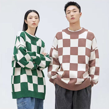 VIISHOW checkerboard ຮູບແບບ retro ຄໍຮອບ sweater ຜູ້ຊາຍບາດເຈັບແລະວ່າງຄູ່ໃສ່ pullover ins sweater