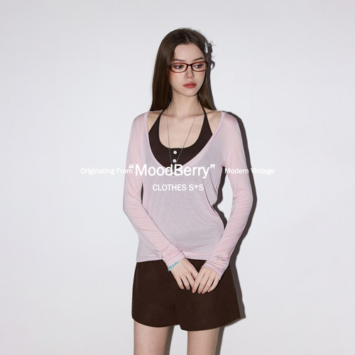 MoodBerry 美式复古风V领假两件长袖T恤女春夏设计感宽松休闲上衣 - 图1