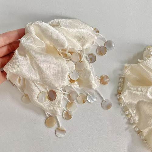 设计师款高档手工吊坠流苏贝壳珠光白大肠发圈方巾小众高级发绳女 - 图1