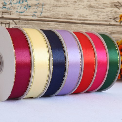 新品2.5cm金边缎带diy礼品鲜花烘焙包装丝带装饰带婚庆定制彩带 - 图0