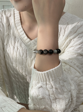 飞鸟屿城 原创设计 天然银曜石白水晶月光石串珠手串转运小众手镯