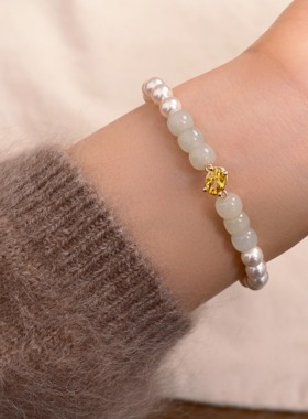 飞鸟屿城「温婉」原创新中式天然珍珠和田玉手链气质优雅转运手饰