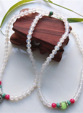 白玉髓多圈猫眼石银饰靓丽风手链