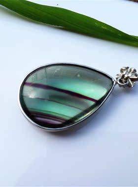 天然萤石晶体通透925银镶嵌吊坠