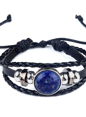 【茜茜珠饰】天然水晶玛瑙石镶嵌皮革编织宝石手链宝石手串 12色