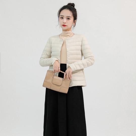 Thin Down Jacket Women's Round Neck Large Size White Duck Down Jacket