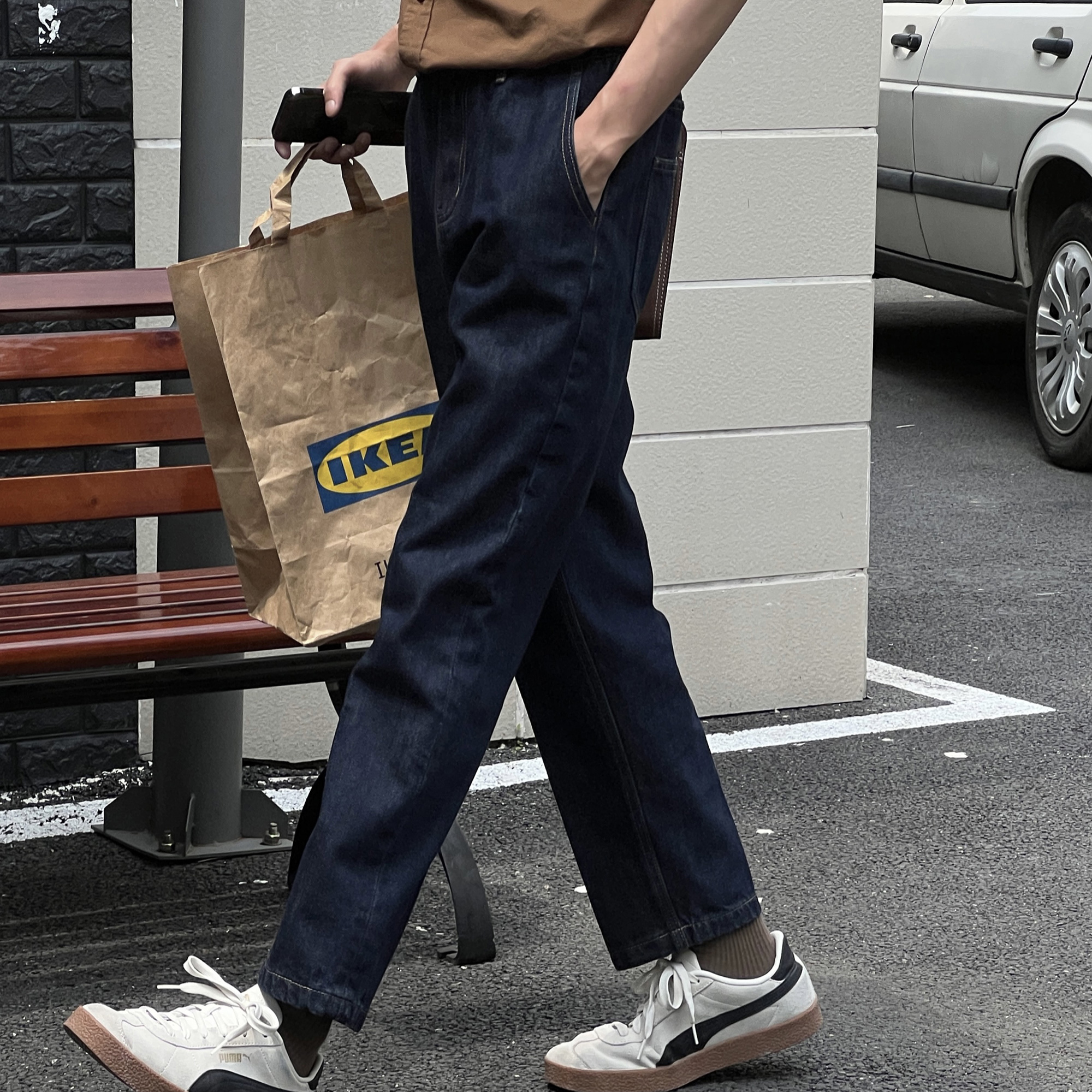 Eli 韩系新款修身百搭时尚设计感休闲通勤潮流舒适直筒牛仔裤裤子 - 图0