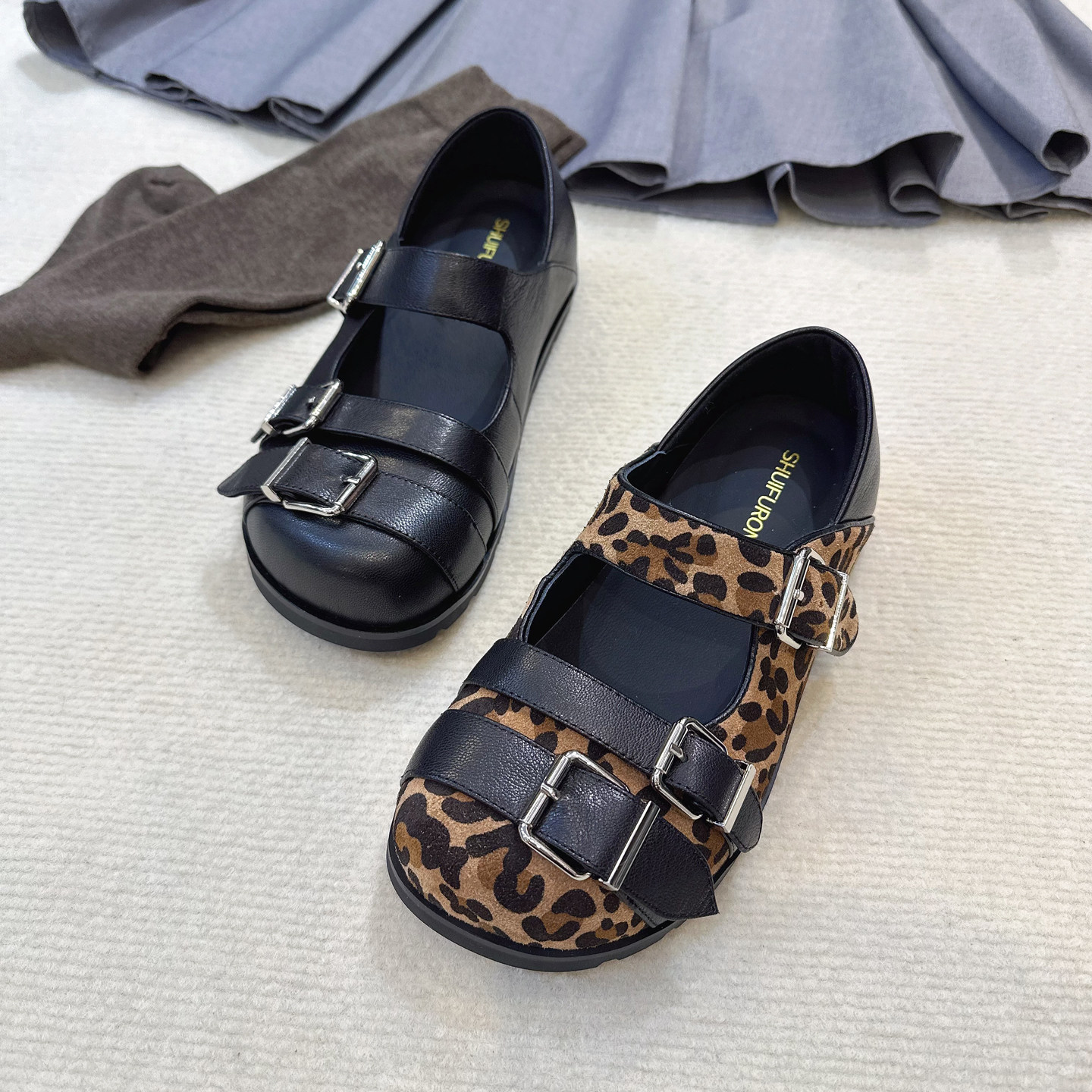 2026春新款女鞋羊皮大头平底复古豹纹玛丽珍鞋双扣带内增高单鞋潮,淘宝优惠券,粉丝福利购,淘宝优惠卷