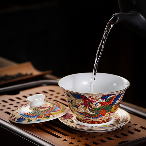 婚庆用品敬茶杯三才盖碗喜碗结婚对碗新人陶瓷龙凤对杯珐琅彩茶碗 - 图1