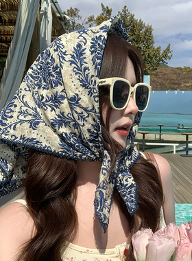 2025新款复古民族风棉纱丝巾女春夏季海边拍照小方巾户外防晒头巾