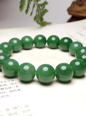 和田玉碧玉菠菜绿油润圆珠手串