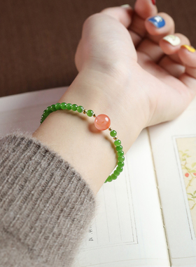 Shang原创新中式天然和田玉手链女款碧玉冰飘南红手串节日礼物