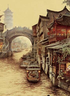 南乡旧梦图古镇水墨画江南水乡装饰画客厅新中式挂画中国风壁画