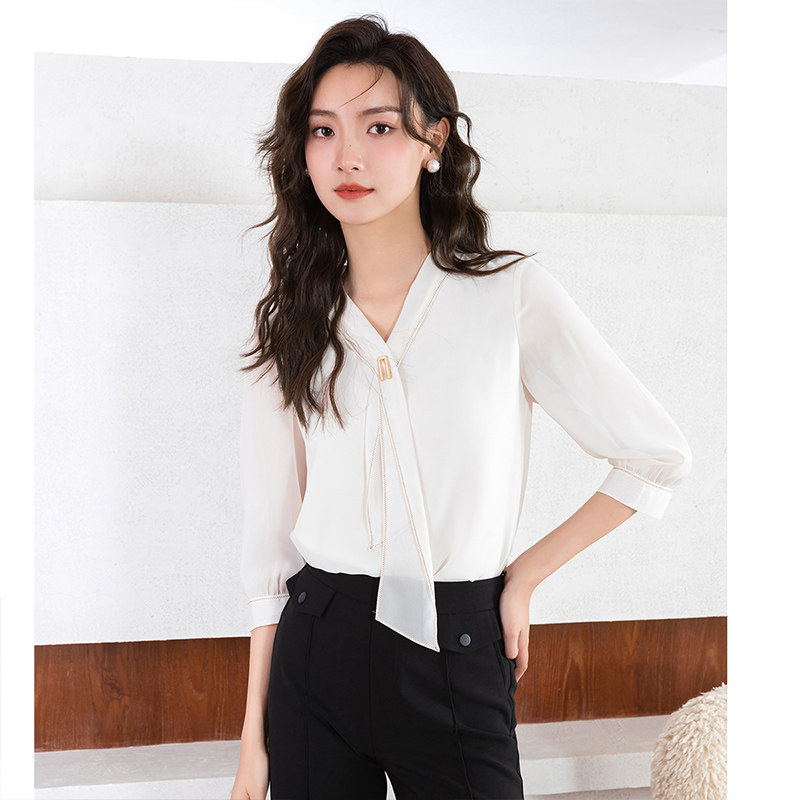 佳人苑2022秋季新款v领飘带衬衫 佳人苑衬衫