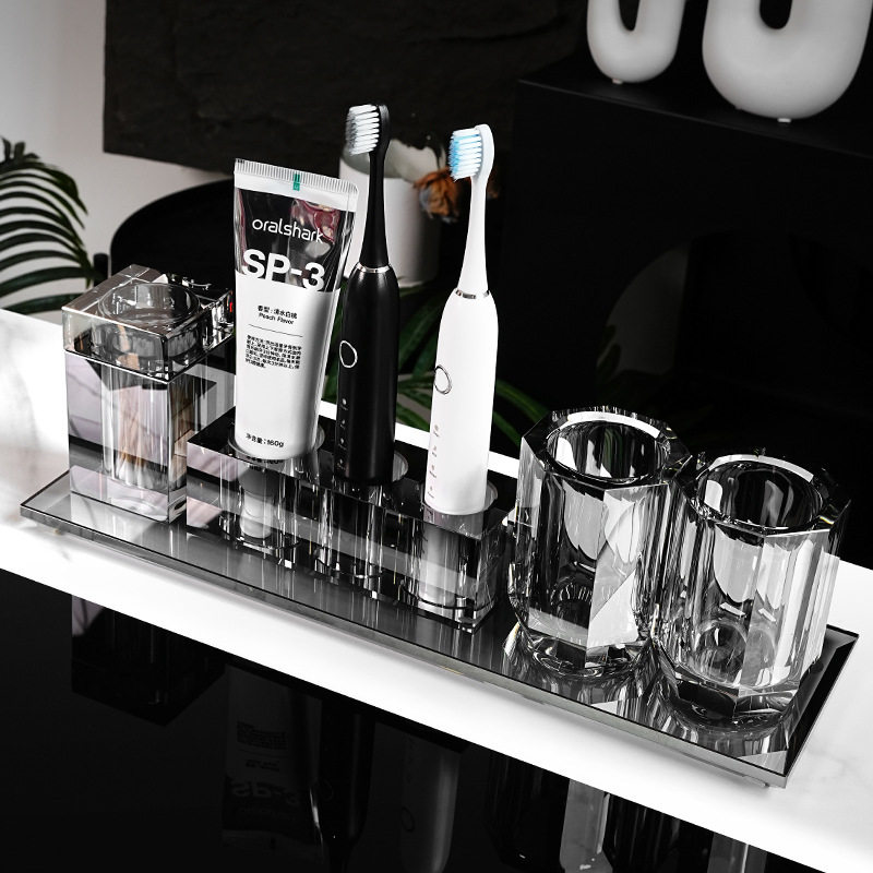 酒店卫生间装饰品摆件高级感灰色水晶卫浴洗漱套装水晶长方形托盘,淘宝优惠券,粉丝福利购,淘宝优惠卷