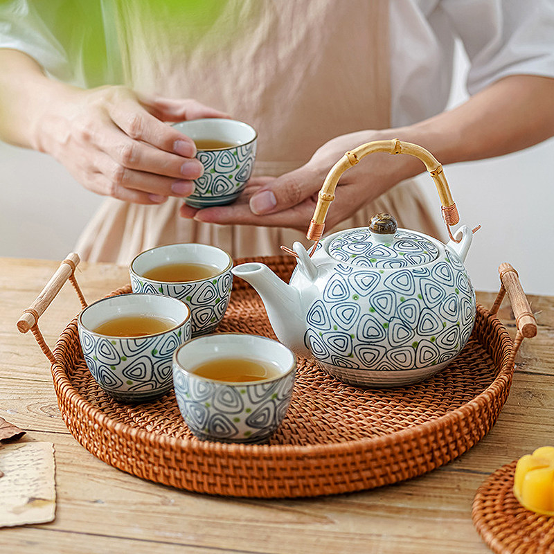 创意北欧日式田园风格家用可爱手绘釉下彩陶瓷提梁茶壶具杯子套装,淘宝优惠券,粉丝福利购,淘宝优惠卷