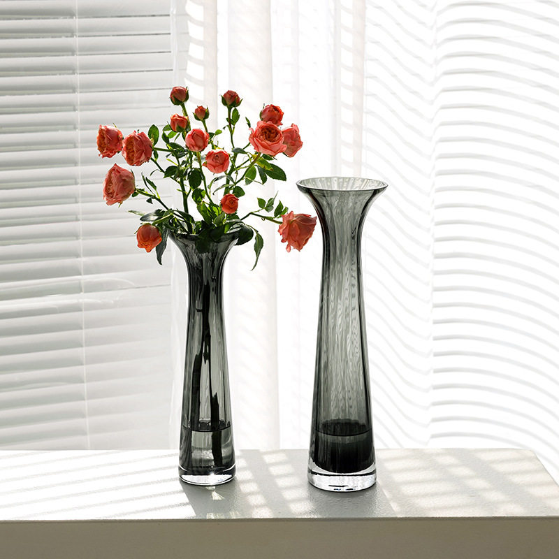 现代简约ins风 小口长颈竖条纹透明灰色玻璃花器单枝水养花瓶摆件,淘宝优惠券,粉丝福利购,淘宝优惠卷