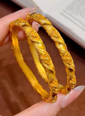 玫瑰花沙金手镯仿真黄金色錾刻金店同款镀金花朵婚庆首饰结婚三金