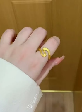 几何飘带沙金戒指古法仿真黄金色轻奢波浪丝绸指环高颜值开口祥云