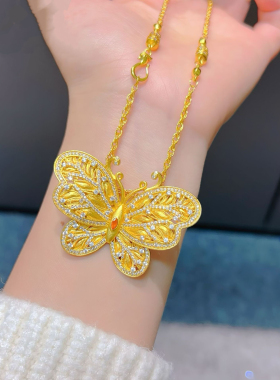 韦雪同款花丝大蝴蝶沙金吊坠项链女点钻镂空仿真黄金锁骨链毛衣链
