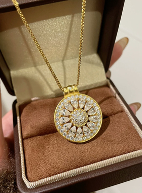 柠檬片罗盘沙金项链女仿真黄金太阳花吊坠轻奢满钻设计镂空锁骨链