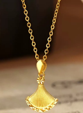 拉丝银杏叶小裙子沙金项链仿真黄金套链轻奢高级感扇子锁骨链