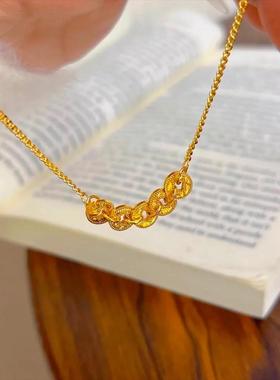 黄金色五帝钱币项链轻奢仿真沙金锁骨链钱多多盘缠周家同款高颜值