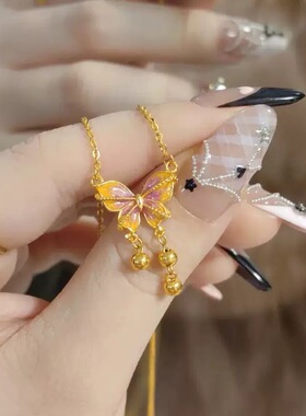 烟雨梦蝶沙金项链女蝴蝶套链仿真黄金轻奢琳琅彩流苏锁骨链送女友