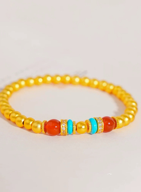 黄金色新中式仿绿松石手链国潮风镀金久不掉色仿真红玛瑙沙金手串