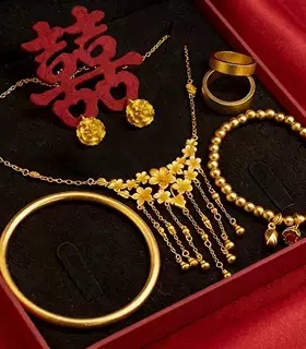 花朵仿金结婚五金婚嫁套装三金项链首饰订婚摆台仿真黄金色假沙金